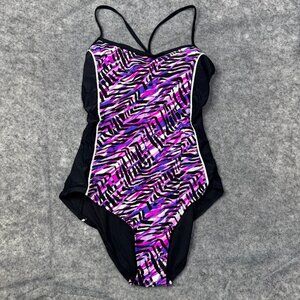 Catalina Swimsuit Womens L 12-14 Black Purple One Piece Striped Racerback Lined